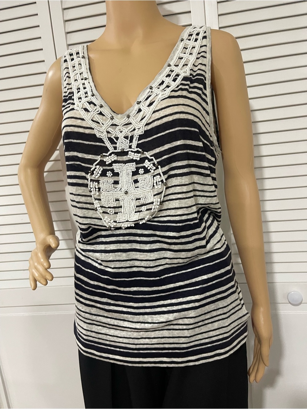 Tory Burch Navy & White Striped Beaded V-Neck Tank - Picture 3 of 7
